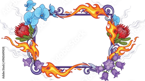 A vibrant floral wreath with colorful flowers and flames on a white background