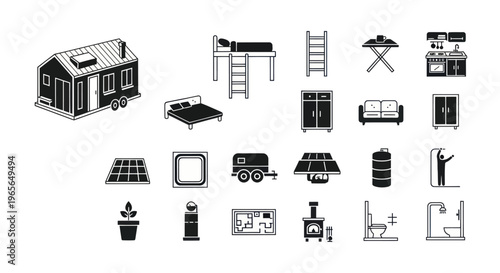 Black and White Icons of Tiny House Living and Components