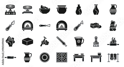 Pottery Studio Equipment and Supplies Glyph Icons Set