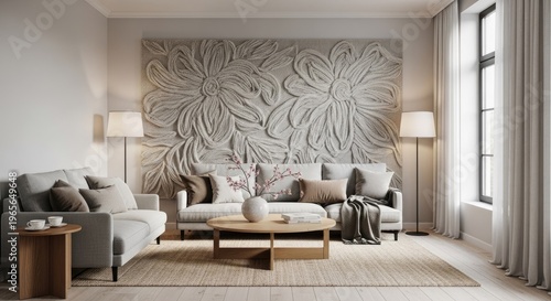Elegant living room interior with floral wall art and modern furnishings