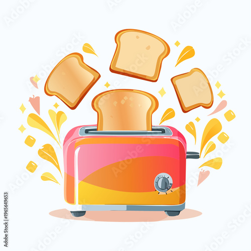 Toasted bread popping out of a vibrant, colorful retro toaster, morning breakfast illustration