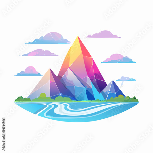 Vibrant Crystal Mountain Peaks Reflecting Sunlight With Flowing Water and Clouds