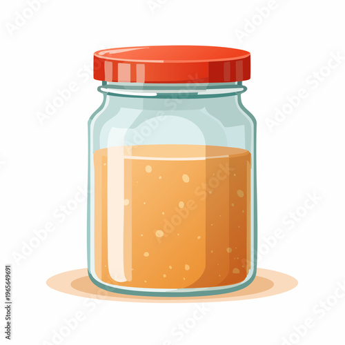 Vibrant illustration of a clear glass food container with a striking red lid, perfect for storing delicious spreads and preserves