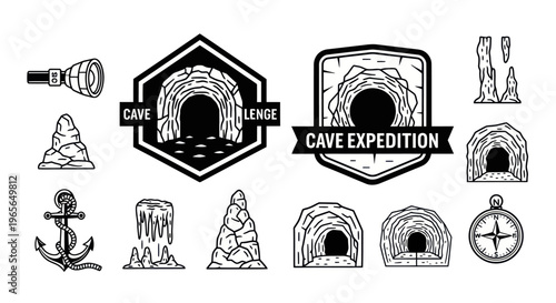 Black and White Line Art Cave Expedition Icons and Symbols