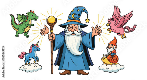 Cartoon wizard with magical creatures and staff illustration