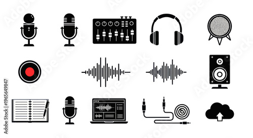 Music production icons: microphones, headphones, mixer, speaker, audio wave, laptop