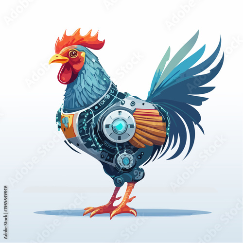 Stylized Robotic Rooster Artwork Blending Organic Form with Advanced Cybernetic Enhancements and Innovation
