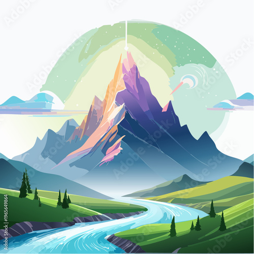 Vibrant Mountain Landscape with a Winding River and Majestic Peaks Under a Colorful Sky