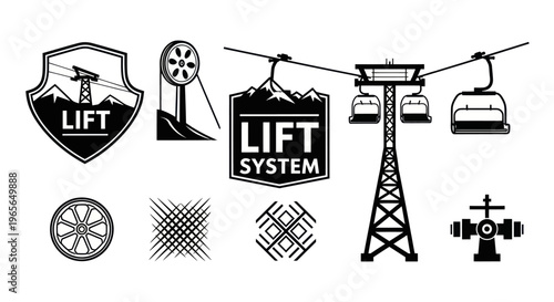 Ski Lift Icons: Black and White Set of Gondola, Cable Car, Tower, and Wheels