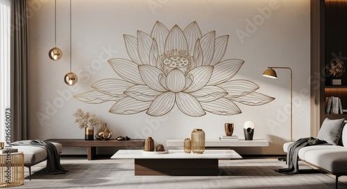 Elegant living room interior with lotus flower decor and modern furnishings