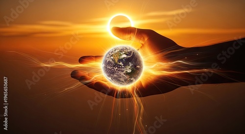 Hand holding earth with sun and energy lines against orange sunset background