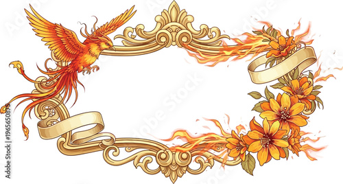 A vibrant phoenix bird surrounded by flames and flowers in an ornate golden frame