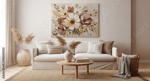 Elegant living room interior with neutral colors and decorative elements