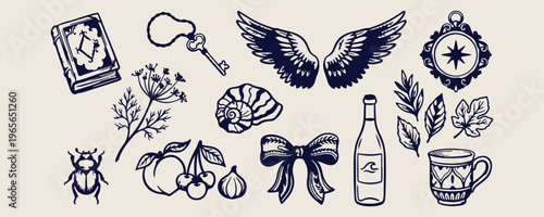 celestial angel wings vector art, vintage seashell and bow illustration, nautical and spiritual line drawing, romantic key and bottle sketch, oceanic treasure aesthetic graphics, hand drawn feminine t