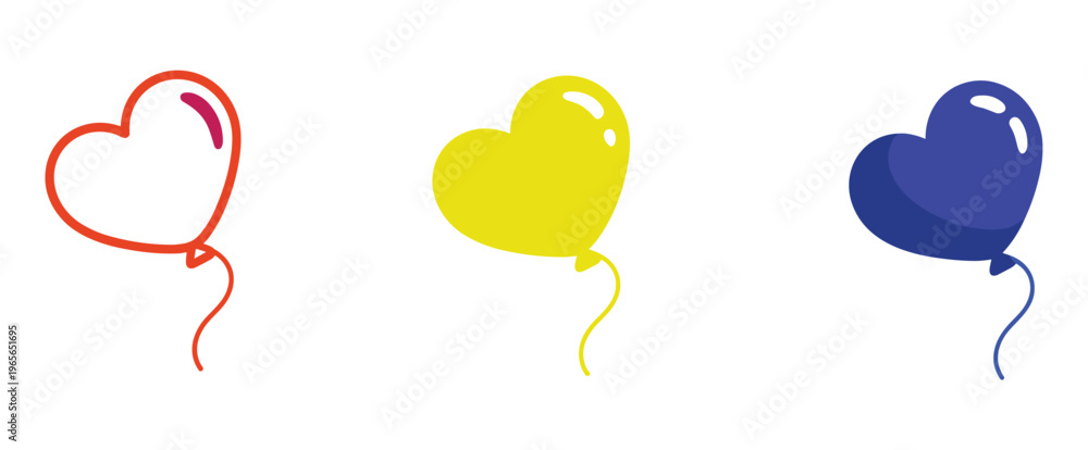Obraz premium Three heart shaped balloons in red yellow and dark blue colors with simple line and flat fill styles isolated on a white background