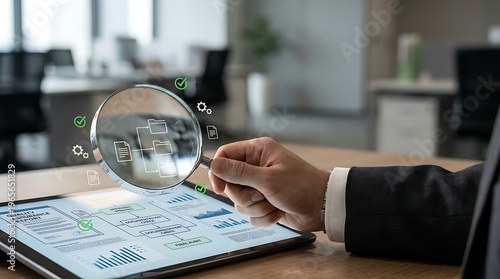Business analysis and auditing concept with magnifying glass over tablet screen showing charts and reports
