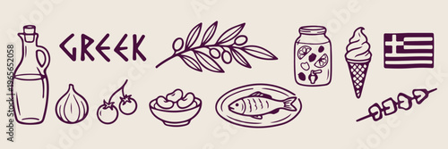 Mediterranean food sketch, olive branch illustration, fresh fish seafood, healthy diet elements, greek cuisine doodles, rustic kitchen line art, organic ingredients drawing
