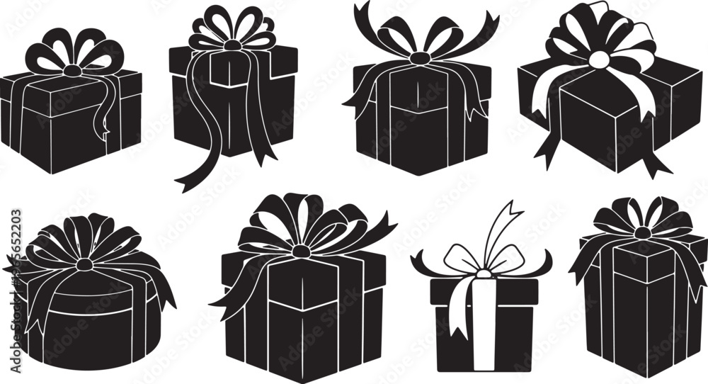Εκτύπωση καμβά A collection of various wrapped present boxes featuring decorative bows and ribb