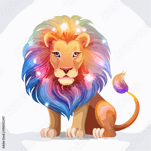 Vibrant and majestic lion with a dazzling colorful mane in a whimsical illustration