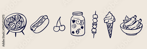Kitchen and food line art set, Glass jar storage container icons, Fruit and cherry berry doodles, Barbecue grill kebab skewer symbols, Healthy organic food illustrations, Cooking ingredients hand-draw
