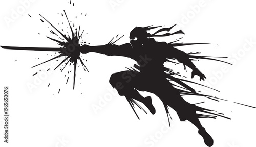 Black silhouette of a ninja warrior slashing with sword creating ink splash