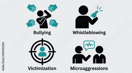 Workplace harassment and abuse concept with bullying, whistleblowing, victimization, and microaggressions vector illustrations