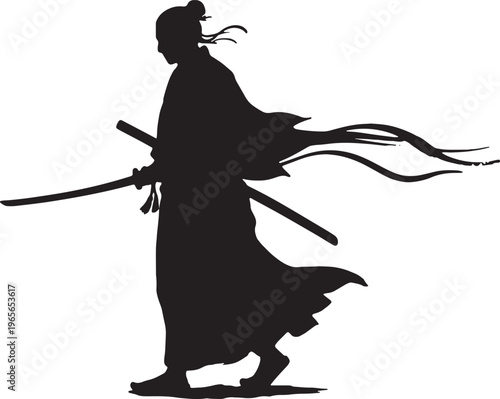 A lone japanese samurai walking forward with his sword drawn in hand