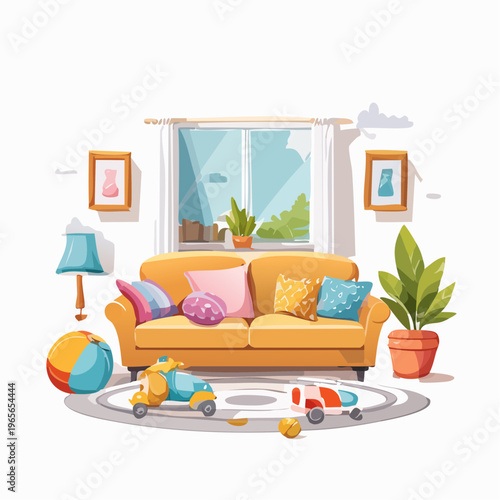 A cheerful and cozy living room illustration, perfect for family relaxation and children's playtime