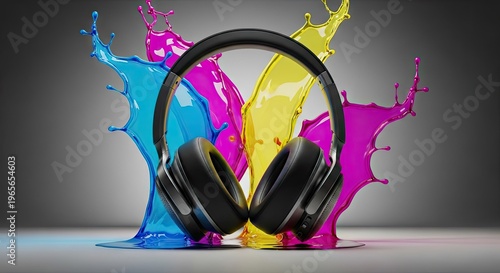 Headphones with colorful ink splashes on gradient background illustration