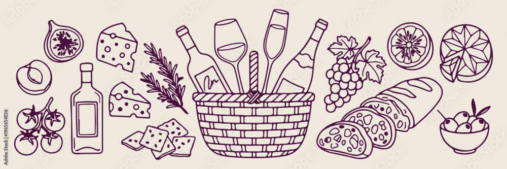 Ταπετσαρία Picnic basket icons, outdoor summer dining doodles, park leisure activity illust