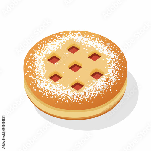 Artfully crafted sweet pastry with a golden lattice crust, showcasing a vibrant fruit filling, delicately dusted with powdered sugar, ideal for a delectable treat