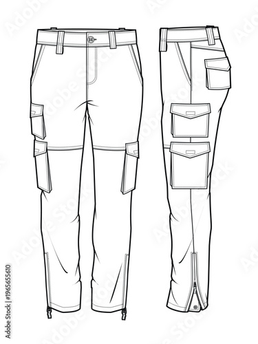 Men’s cargo pant front and side view vector template technical design by adobe illustrator.
