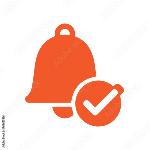 Orange notification bell icon with a white checkmark overlay confirms alert settings are successfully activated on a white.