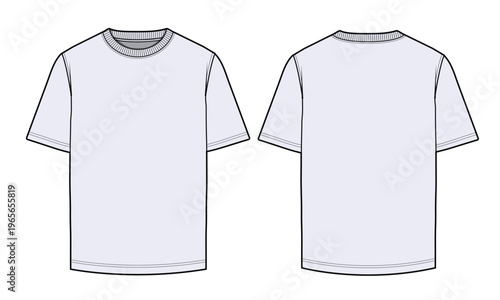Basic t shirt, front and back view design technical flat sketch vector mockup template.