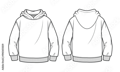 Kids hoodie, front and back view flat drawing vector design mockup template.