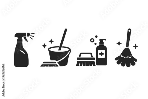 Cleaning and housekeeping silhouette icon set in minimal flat vector style