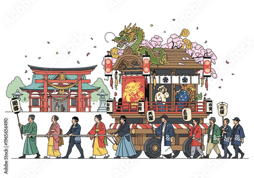 Japanese Festival Parade with Traditional Float and People.