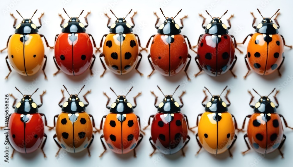 Obraz premium Twelve colorful ladybugs arranged in two rows against white background. Bugs show red orange yellow and black spots. Macro insect photo displays detail of tiny arthropods with antennae legs and wings.