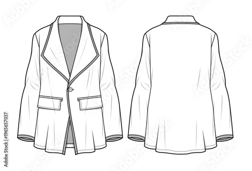 Waterfall blazer front and back view design technical flat sketch vector mockup template.