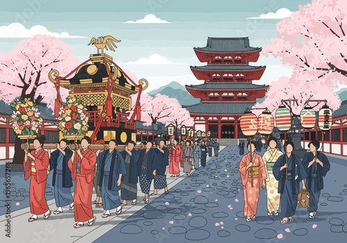 Japanese festival procession with people in traditional kimonos carrying a decorated float.