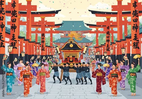 People in traditional Japanese attire celebrating a vibrant festival.