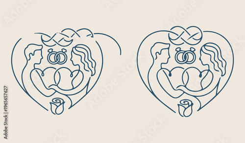 : Romantic wedding ceremony bridal doodles, love heart and dove illustrations, elegant marriage celebration line art, hand drawn couple and rings, wedding invitation design elements set, romantic anni