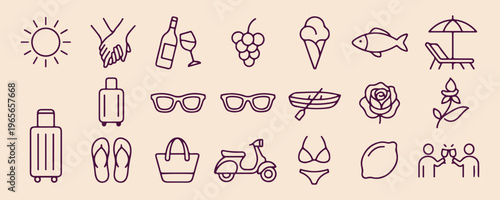  Lifestyle accessories and summer travel, Fashion glasses and handbags set, Scooter rental and beach activity, Grapes and wine vacation icons, Modern summer style illustrations, Travel gear and leisur