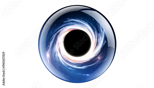 Glossy orb reveals cosmic vortex with swirling nebulae, bright light, and a black hole