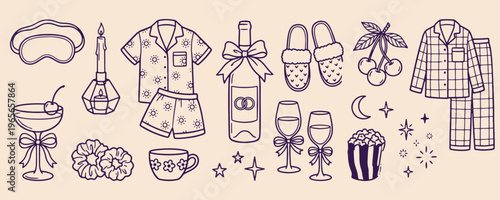  Loungewear and cozy home fashion, Pajamas and sleepwear accessories, Comfortable slippers and wine night, Self care and relaxation clothing, Home lifestyle fashion doodles, Night routine personal car
