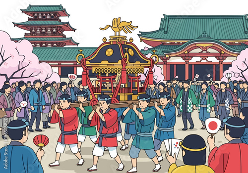 Japanese Festival Parade with Mikoshi and Traditional Costumes.