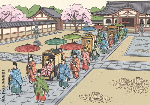 Japanese Imperial Procession with Dignitaries and Palanquins.