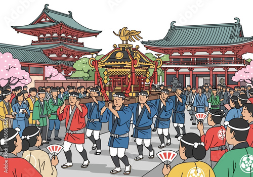 Japanese festival procession with people carrying a traditional mikoshi shrine.