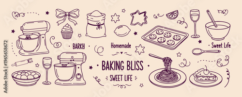 Baking bliss kitchen, homemade sweets lettering, flour and cookies, baking sheet sketch, culinary hobby doodles, sweet life typography, pastry chef elements

