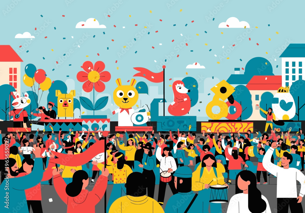 Φωτογραφία Crowd of people celebrating a festive parade with colorful floats and confetti